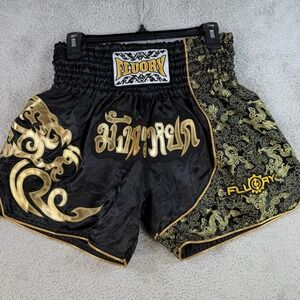 Floury Muay Thai Shorts Mens Large Black Gold Boxing Kickboxing MMA Drawstring